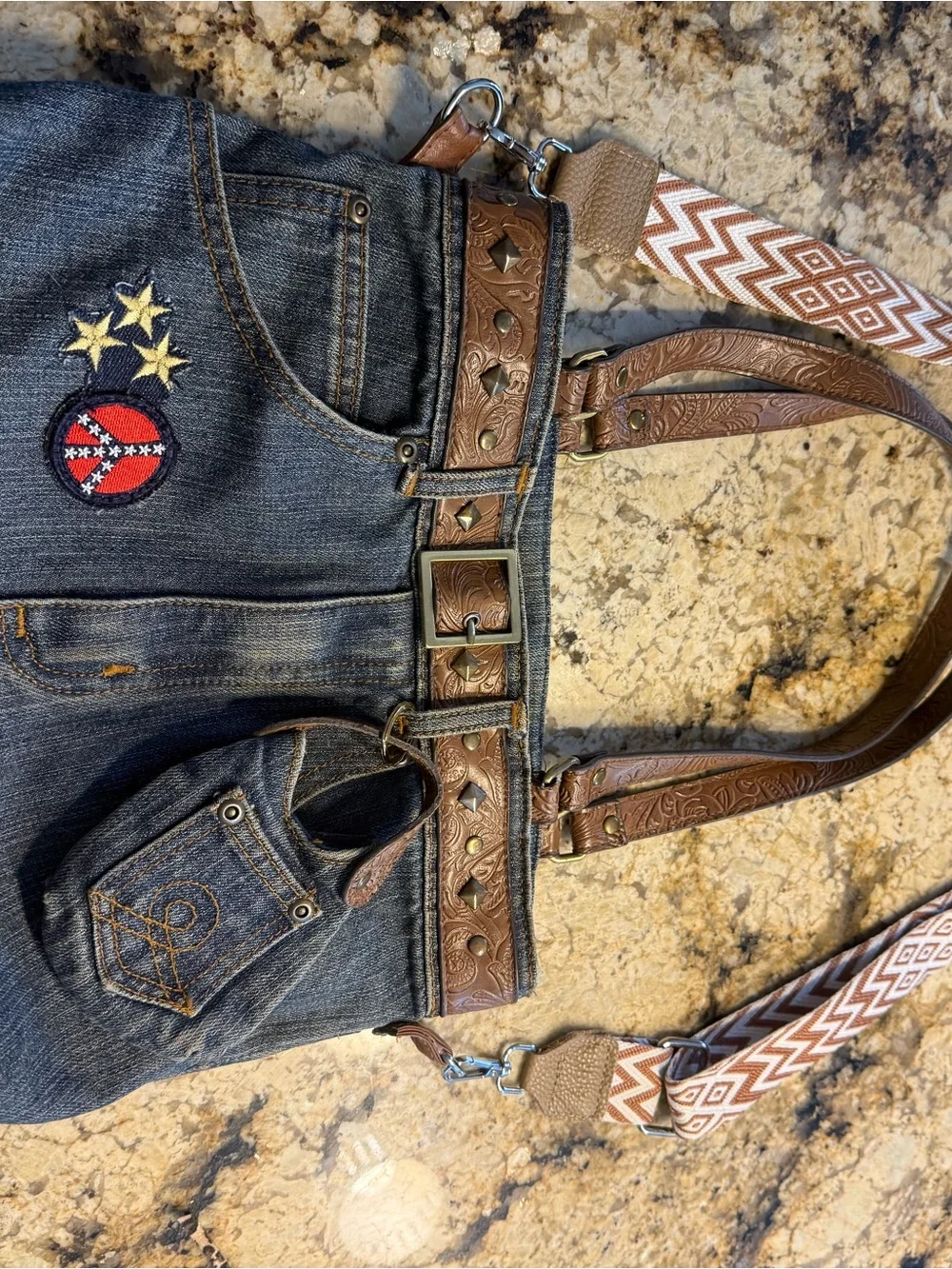 Denim Hobo Bag with Embroidered Accents and Tassel Charm